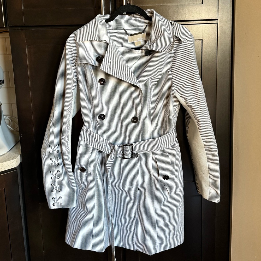 MICHAEL Michael Kors Womens Medium Classic Preppy 
Rain Trench Coat Blue Striped